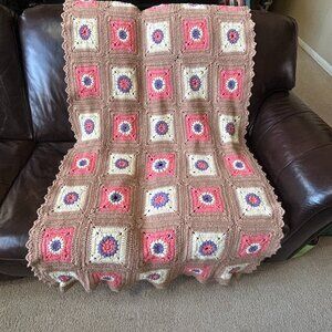 Handmade Crochet Granny Square Afghan Blanket Taupe Pink Purple 34x68"
